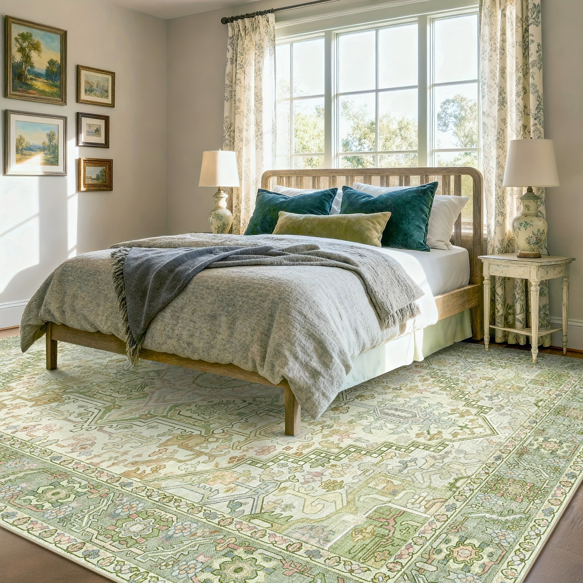 Green Floral Print Rug, Machine Washable Rug, Modern Pale Color Non-Slip Vibrant Fine Rug for Classrooms, Game Rooms, Dormitories, Bedrooms, Living Rooms, Multi-color Decorative Rugs (Beige\u002F Green) Room Decor
