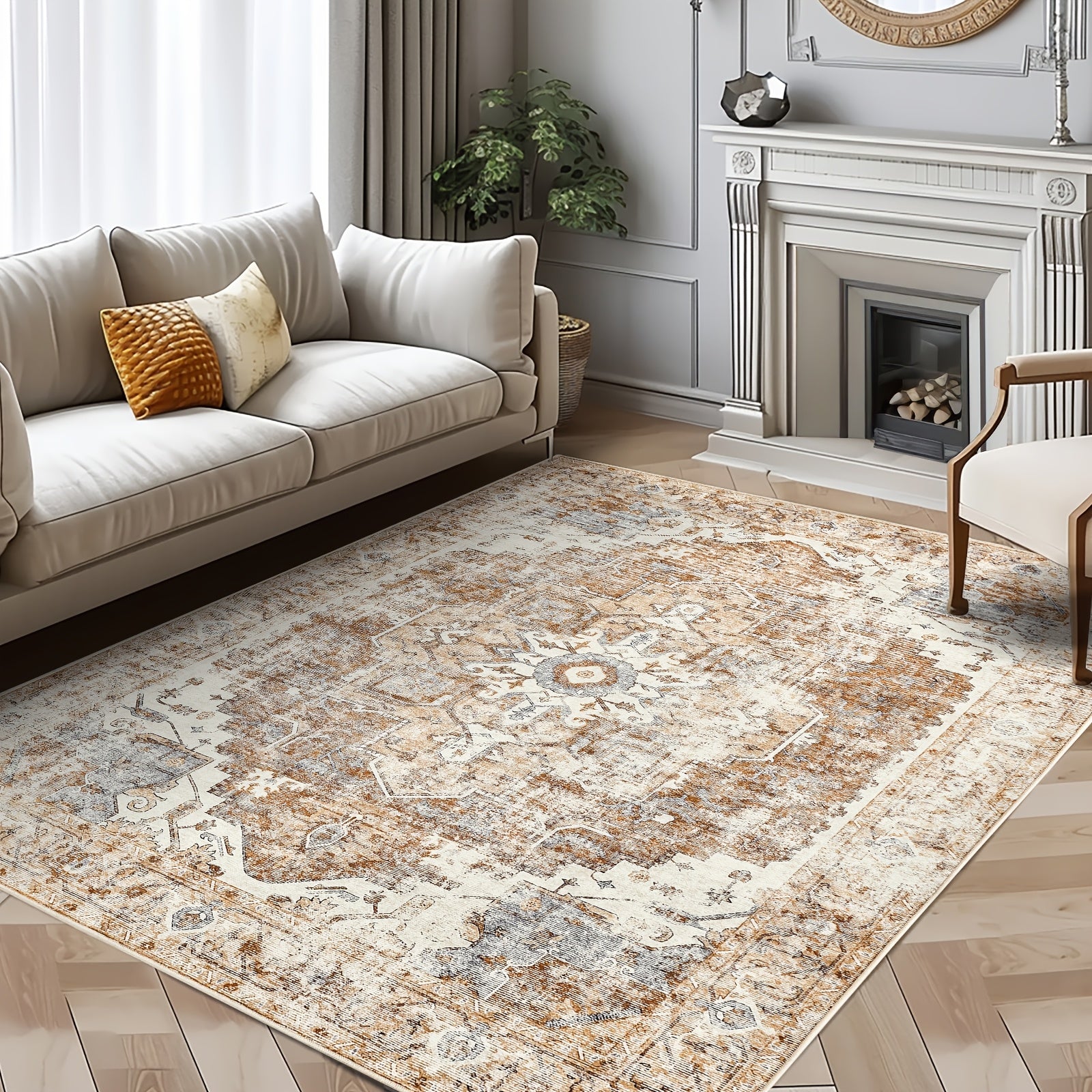 1pc Large Washable Vintage Carpet Suitable for Living Room Bedroom Dining Office, Ultra-Thin Low Pile Non-Slip Distressed Floor Rug with TPR\u002FPolypropylene Base, Machine Washable Lightweight Suitable for Large Spaces Indoor Floor Mat
