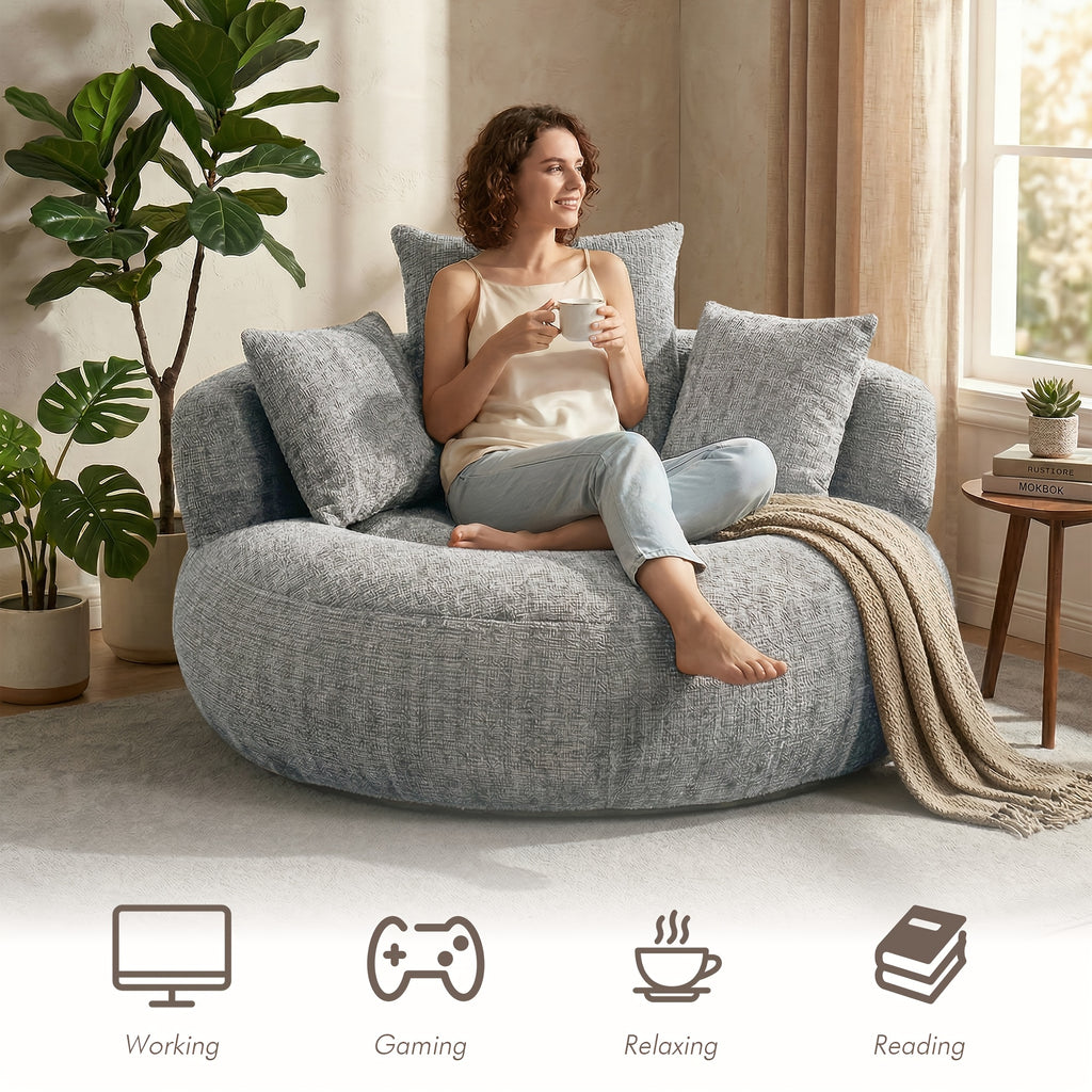 Bean Bag Chairs with Pillows for Adults, Stuffed Round Sofa Chair High-Density Foam Filled, Lazy Sofa Chair