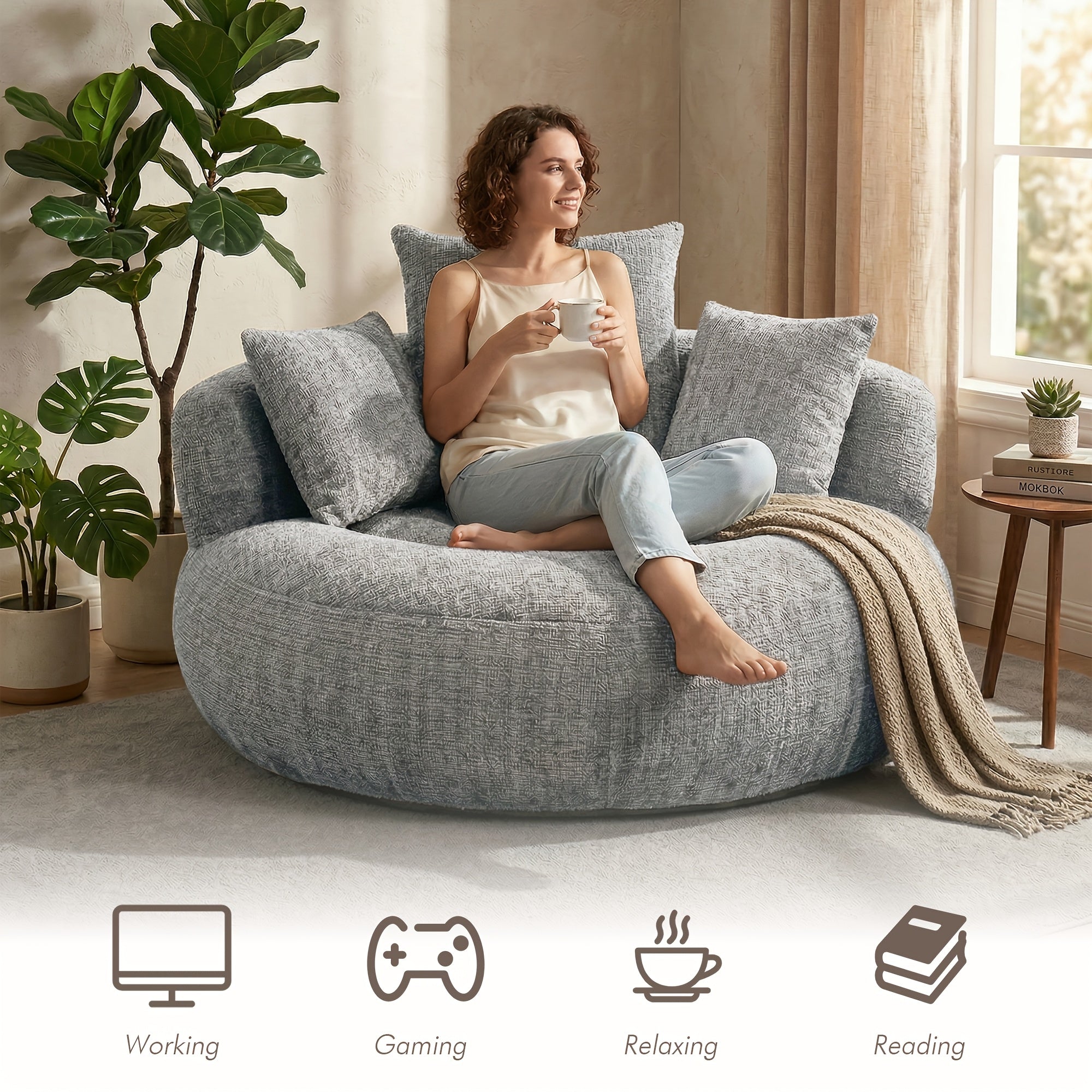 Bean Bag Chairs with Pillows for Adults, Stuffed Round Sofa Chair High-Density Foam Filled, Lazy Sofa Chair