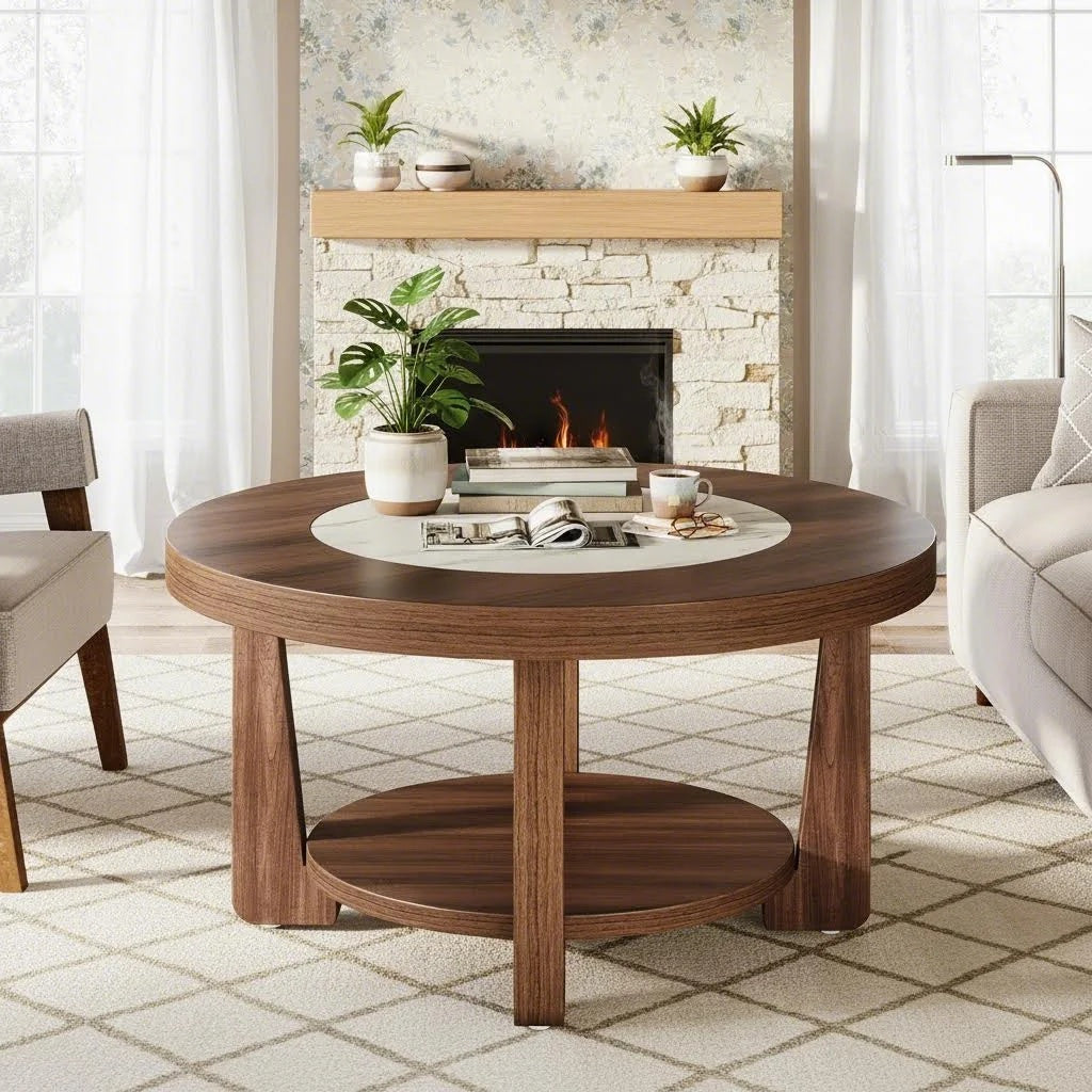 2-Tier Round Coffee Table | Heavy-Duty Wood Tabletop, Industrial Circle Wood Accent Center Table with Storage, Brown and White, BYBLIGHT, Contemporary Style, Space Saving