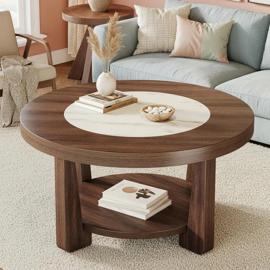 2-Tier Round Coffee Table | Heavy-Duty Wood Tabletop, Industrial Circle Wood Accent Center Table with Storage, Brown and White, BYBLIGHT, Contemporary Style, Space Saving