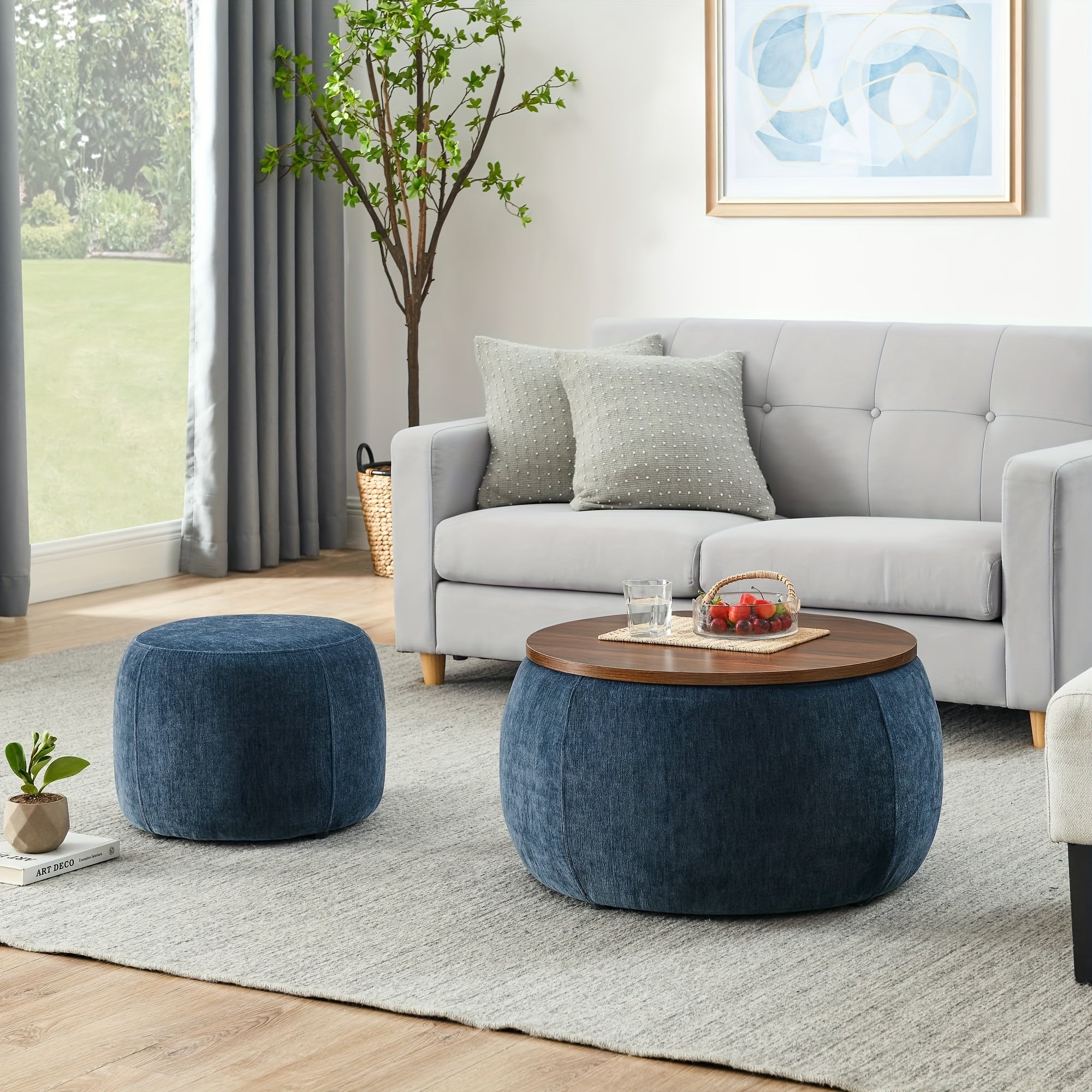 A Pair of Circular Velvet Storage Ottomans, Along with a Small Cylindrical Stool, Offering Storage Capacity And a Tabletop Constructed from Medium Density Fiberboard