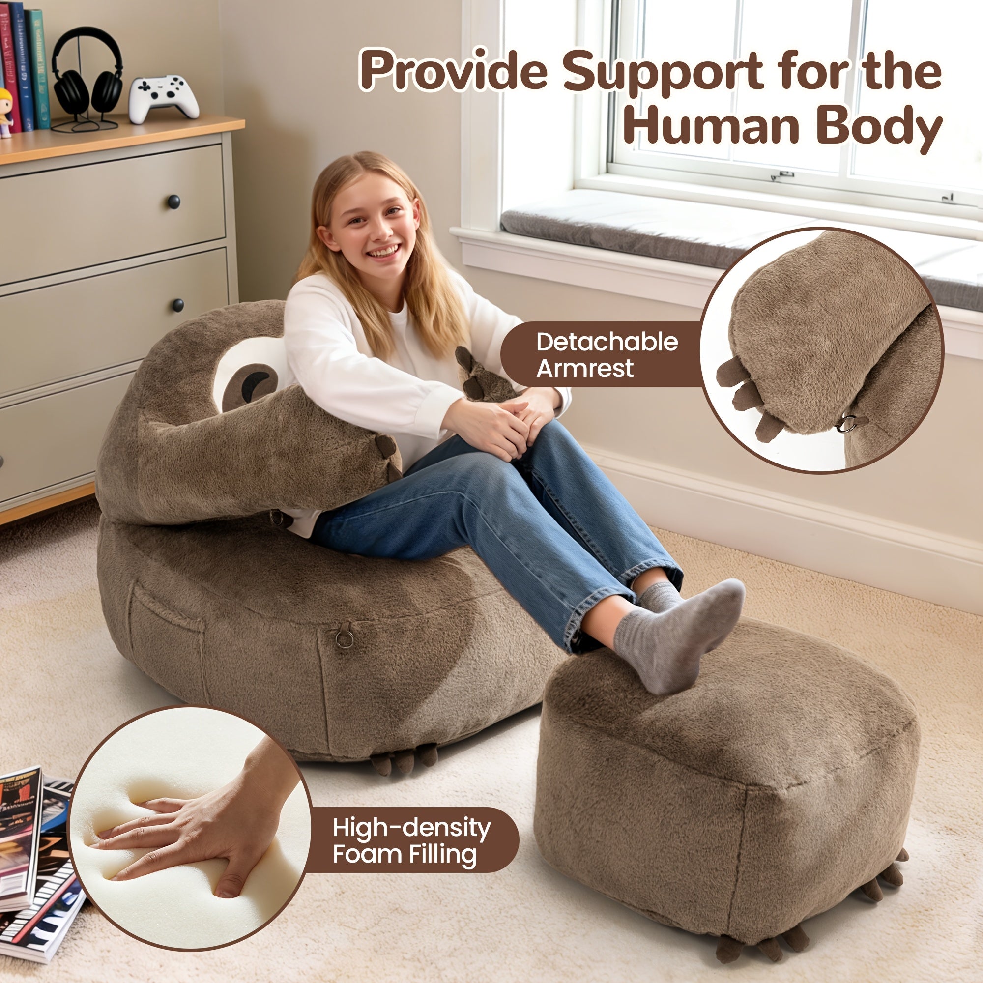 Sloth-Shaped Bean Bag Chair with Ottoman, Ultra Soft Dutch Velvet Lazy Sofa for Adults, Washable Cover And 72H Rebound, Cozy Seating for Living Room, Bedroom And Outdoor, Brown