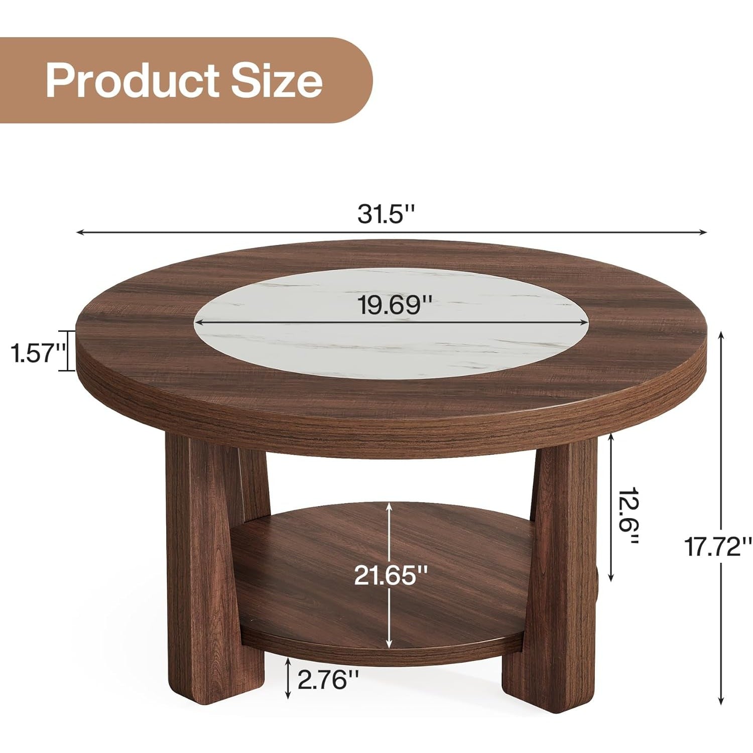 2-Tier Round Coffee Table | Heavy-Duty Wood Tabletop, Industrial Circle Wood Accent Center Table with Storage, Brown and White, BYBLIGHT, Contemporary Style, Space Saving