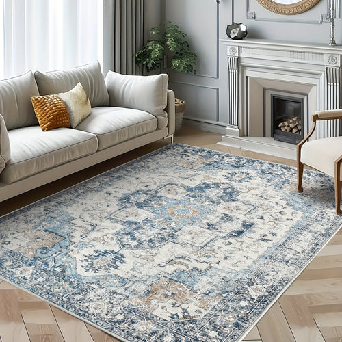 1pc Large Washable Vintage Carpet Suitable for Living Room Bedroom Dining Office, Ultra-Thin Low Pile Non-Slip Distressed Floor Rug with TPR\u002FPolypropylene Base, Machine Washable Lightweight Suitable for Large Spaces Indoor Floor Mat