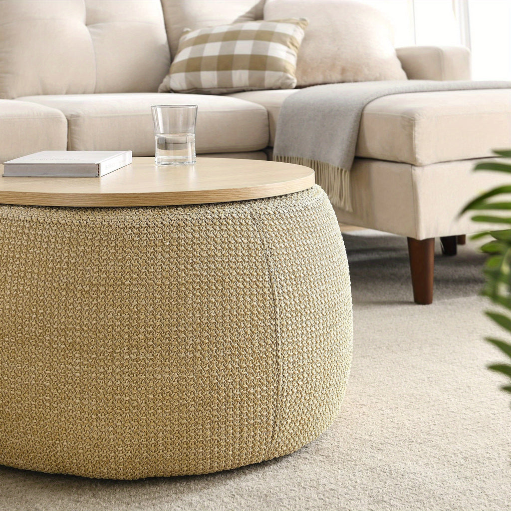 Round Ottoman Furniture with Storage, Handmade Rattan Round Ottoman Coffee Table with Wooden Lid Tray, Multifunctional Bohemian Style Round Storage Ottoman Footstool for Living Room Side Table Scene