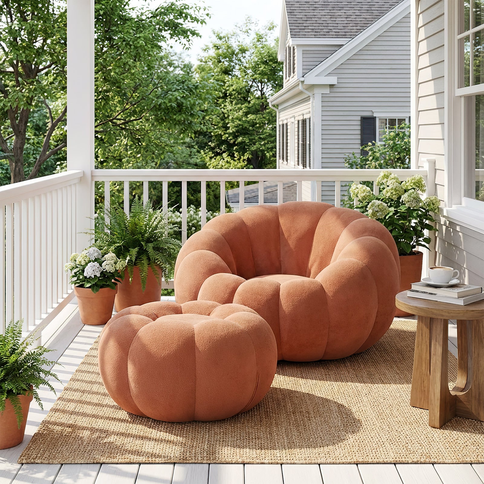 Single Sofa Chair Pumpkin Shape Round Chair Accent Reading Relaxing Modern Lounge with Footstool Brown