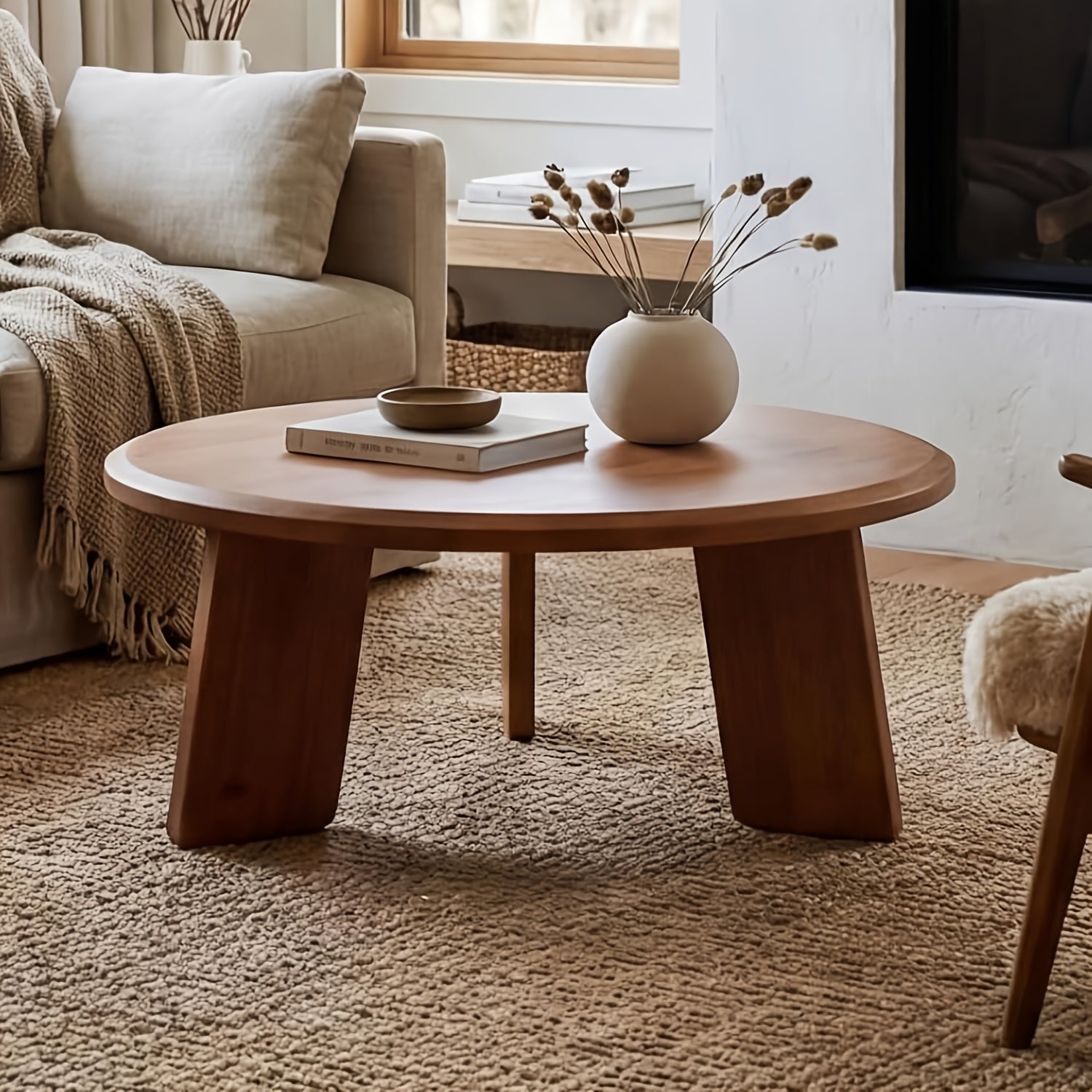 1Pc Classic Round Coffee Table, Cute Wooden Round End Table, Suitable for Living Room, Home Decoration, Balcony, 16 Inches