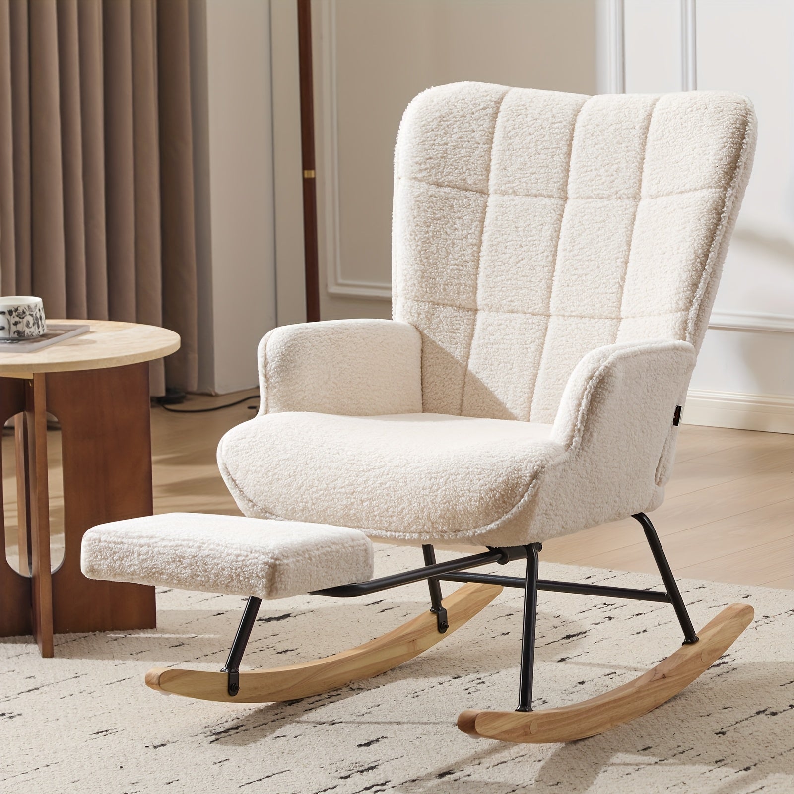 Rocking Chair with Footrest Teddy Upholstered Accent Chair Padded Seat High Backrest Armchair Cozy Side Chair for Living Room Bedroom Offices