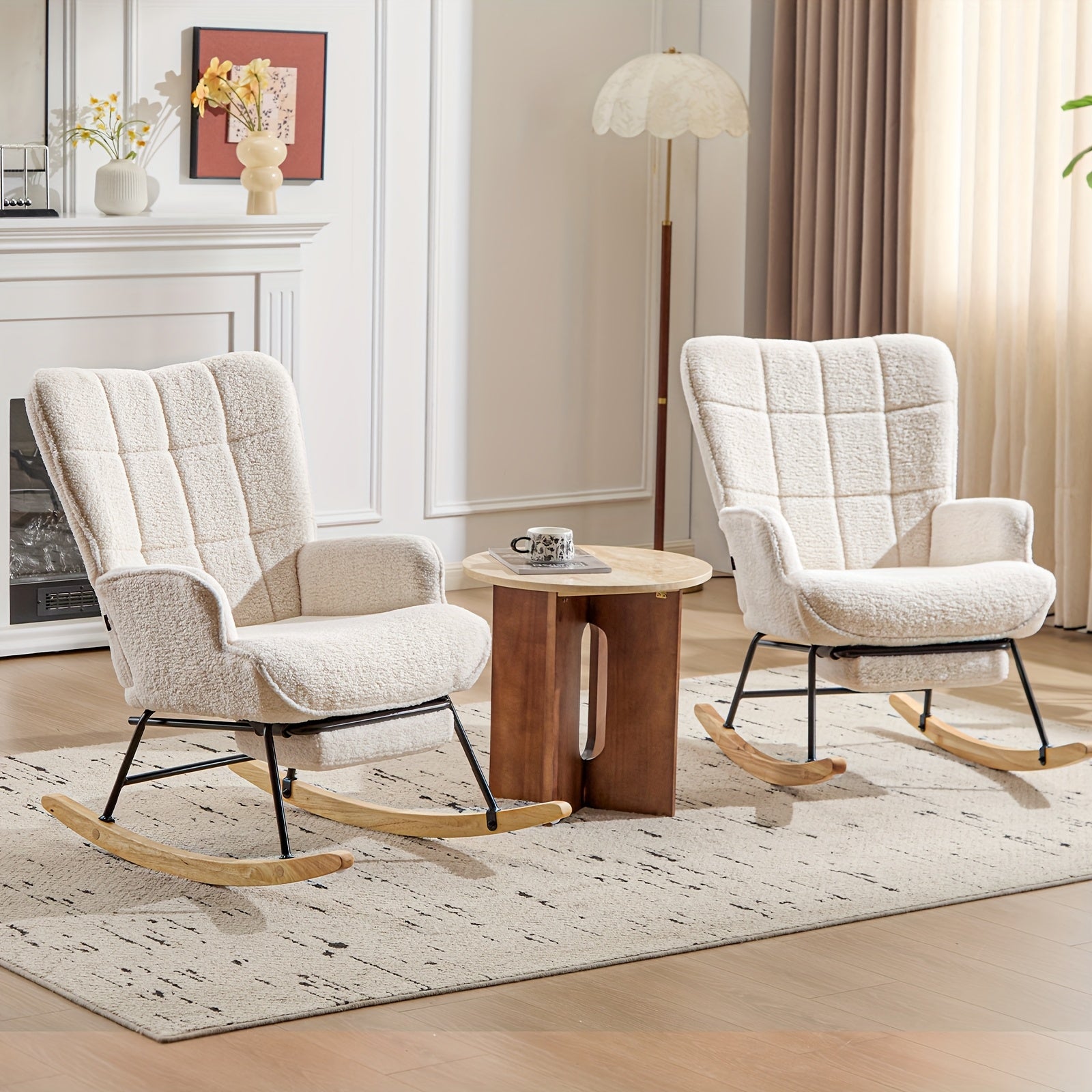 Rocking Chair with Footrest Teddy Upholstered Accent Chair Padded Seat High Backrest Armchair Cozy Side Chair for Living Room Bedroom Offices