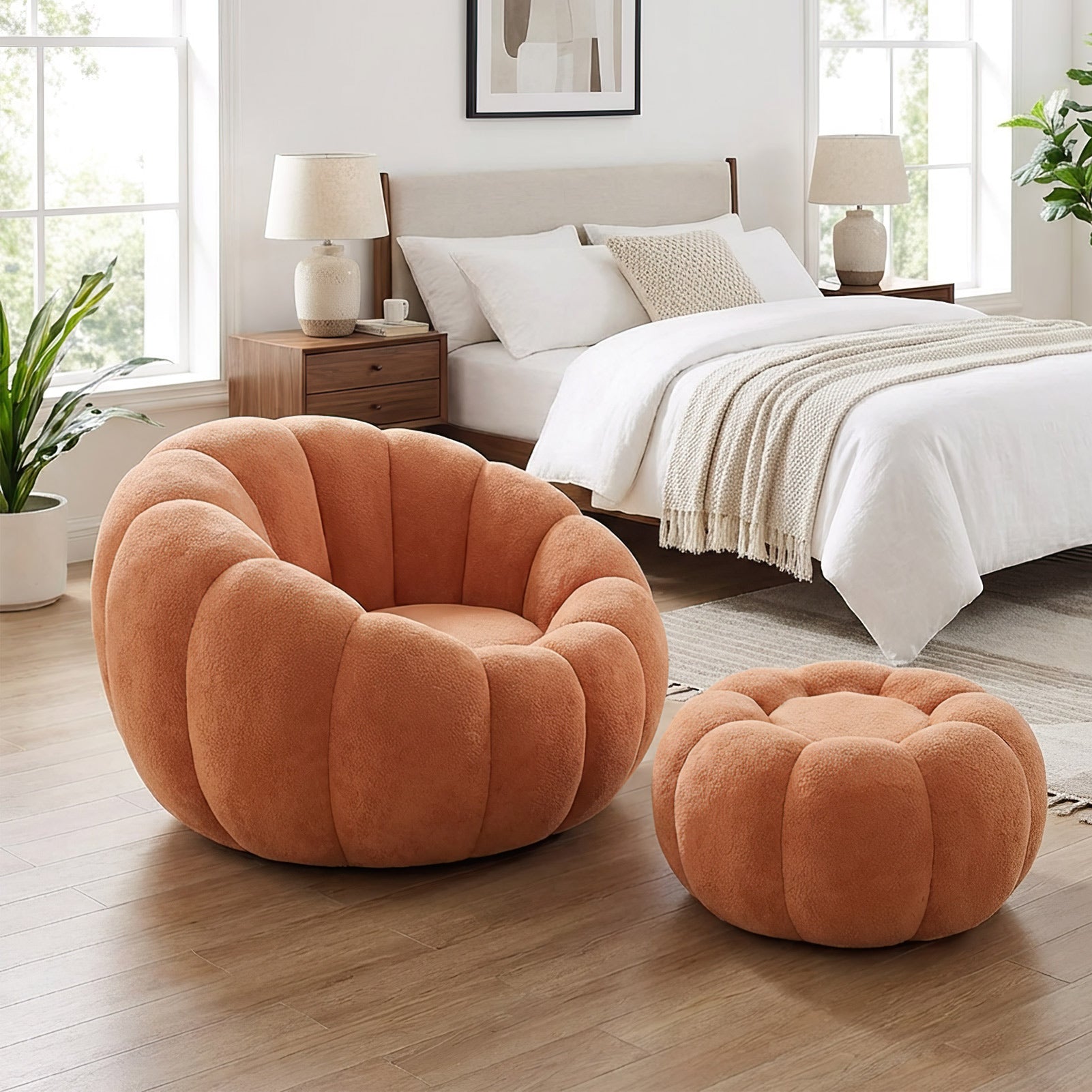 Single Sofa Chair Pumpkin Shape Round Chair Accent Reading Relaxing Modern Lounge with Footstool Brown