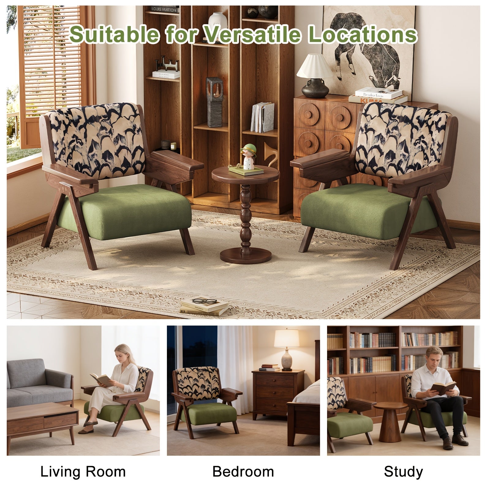 Accent Chair Mid Century Modern Chair, Velvet Upholstered Lounge Arm Chair with Solid Wood, Cozy Reading Chair for Living Room, Bedroom, Balcony
