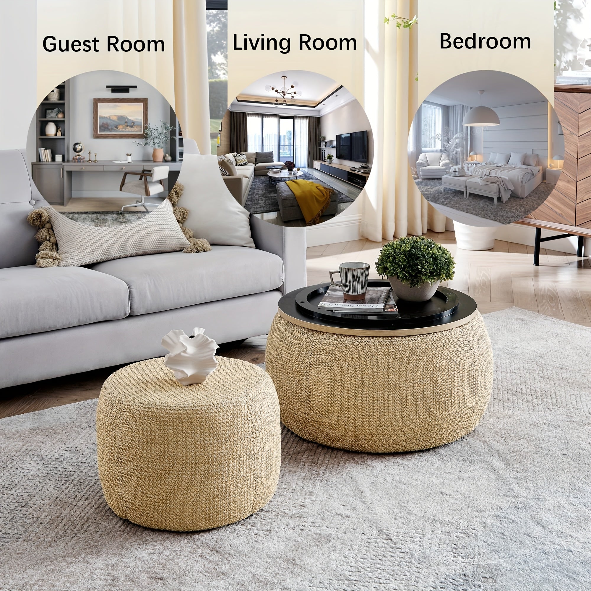 A Pair of Circular Velvet Storage Ottomans, Along with a Small Cylindrical Stool, Offering Storage Capacity And a Tabletop Constructed from Medium Density Fiberboard