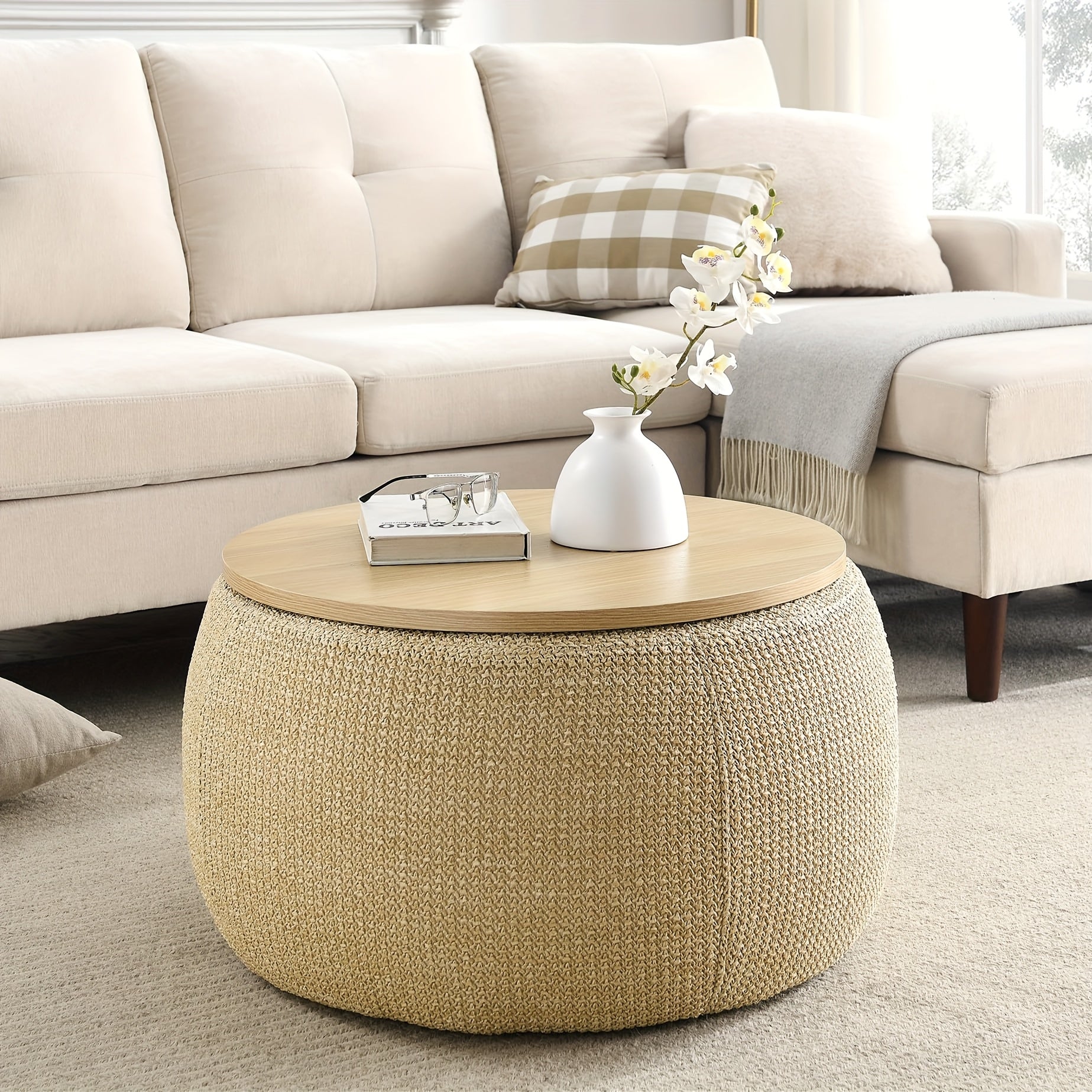 Round Ottoman Furniture with Storage, Handmade Rattan Round Ottoman Coffee Table with Wooden Lid Tray, Multifunctional Bohemian Style Round Storage Ottoman Footstool for Living Room Side Table Scene