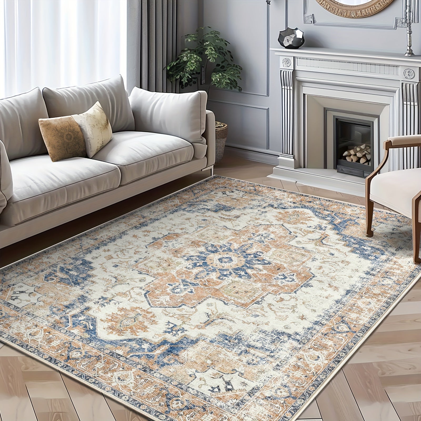 1pc Large Washable Vintage Carpet Suitable for Living Room Bedroom Dining Office, Ultra-Thin Low Pile Non-Slip Distressed Floor Rug with TPR\u002FPolypropylene Base, Machine Washable Lightweight Suitable for Large Spaces Indoor Floor Mat