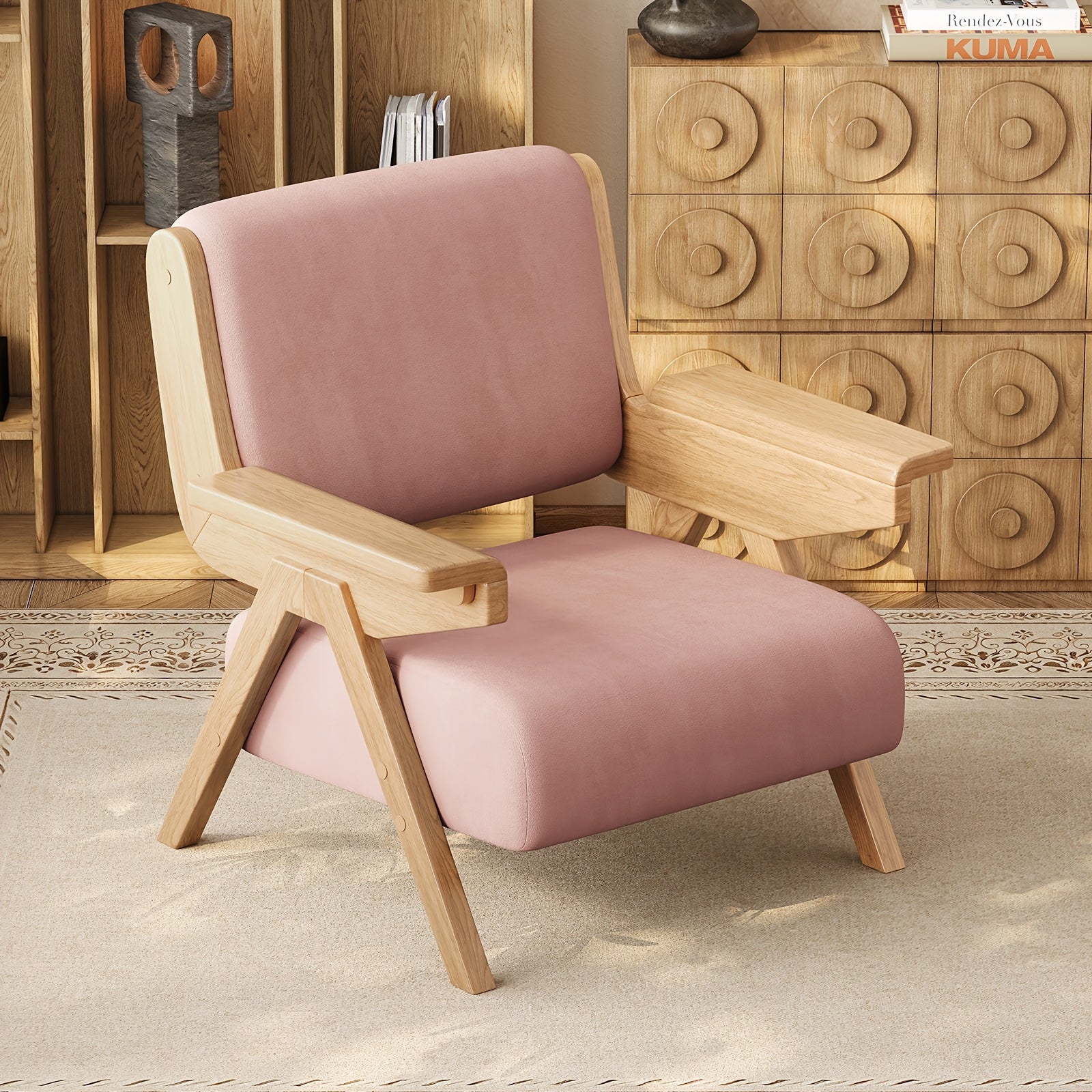 Accent Chair Mid Century Modern Chair, Velvet Upholstered Lounge Arm Chair with Solid Wood, Cozy Reading Chair for Living Room, Bedroom, Balcony