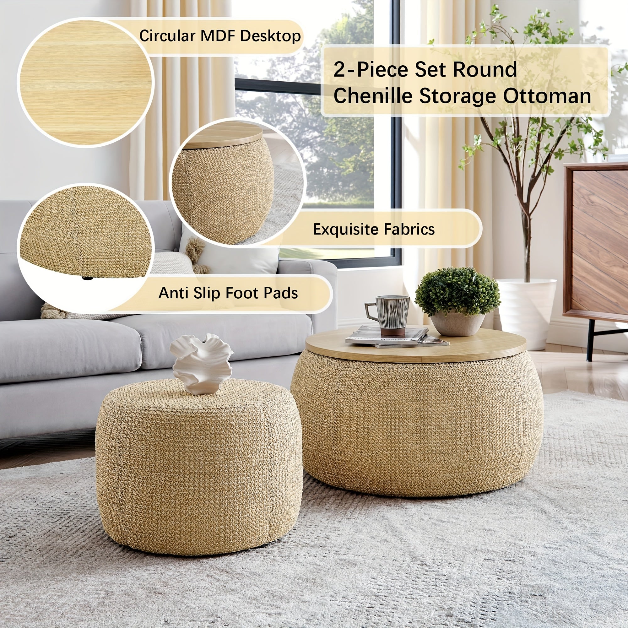 A Pair of Circular Velvet Storage Ottomans, Along with a Small Cylindrical Stool, Offering Storage Capacity And a Tabletop Constructed from Medium Density Fiberboard