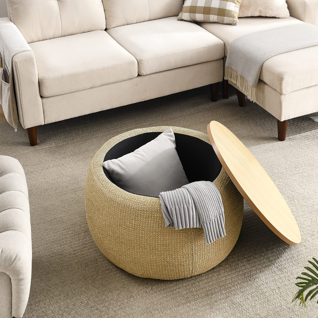 Round Ottoman Furniture with Storage, Handmade Rattan Round Ottoman Coffee Table with Wooden Lid Tray, Multifunctional Bohemian Style Round Storage Ottoman Footstool for Living Room Side Table Scene