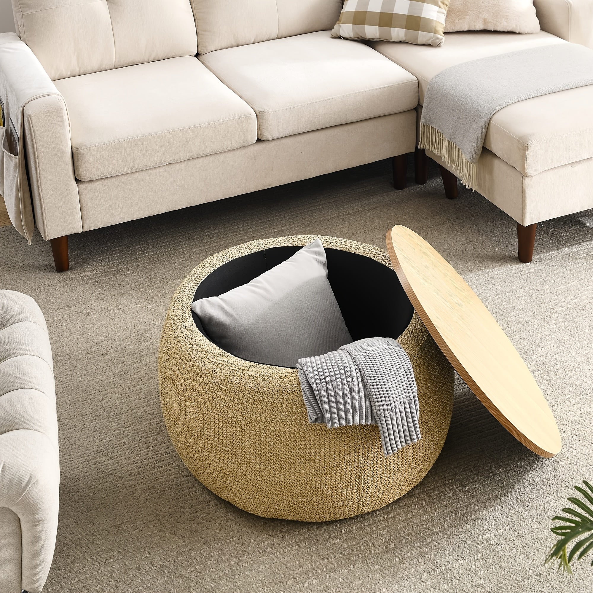Round Ottoman Furniture with Storage, Handmade Rattan Round Ottoman Coffee Table with Wooden Lid Tray, Multifunctional Bohemian Style Round Storage Ottoman Footstool for Living Room Side Table Scene