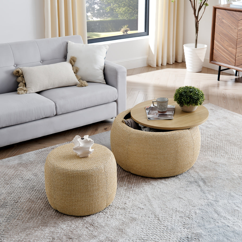A Pair of Circular Velvet Storage Ottomans, Along with a Small Cylindrical Stool, Offering Storage Capacity And a Tabletop Constructed from Medium Density Fiberboard