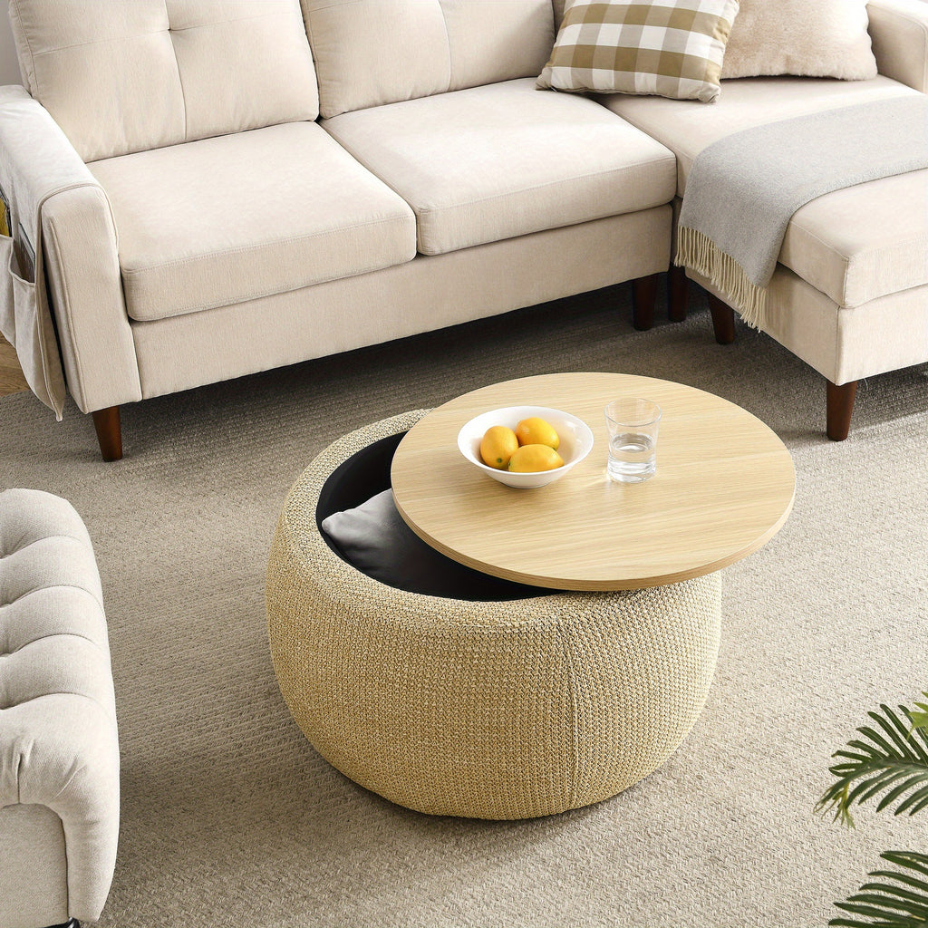 Round Ottoman Furniture with Storage, Handmade Rattan Round Ottoman Coffee Table with Wooden Lid Tray, Multifunctional Bohemian Style Round Storage Ottoman Footstool for Living Room Side Table Scene