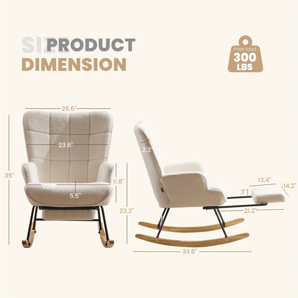Rocking Chair with Footrest Teddy Upholstered Accent Chair Padded Seat High Backrest Armchair Cozy Side Chair for Living Room Bedroom Offices