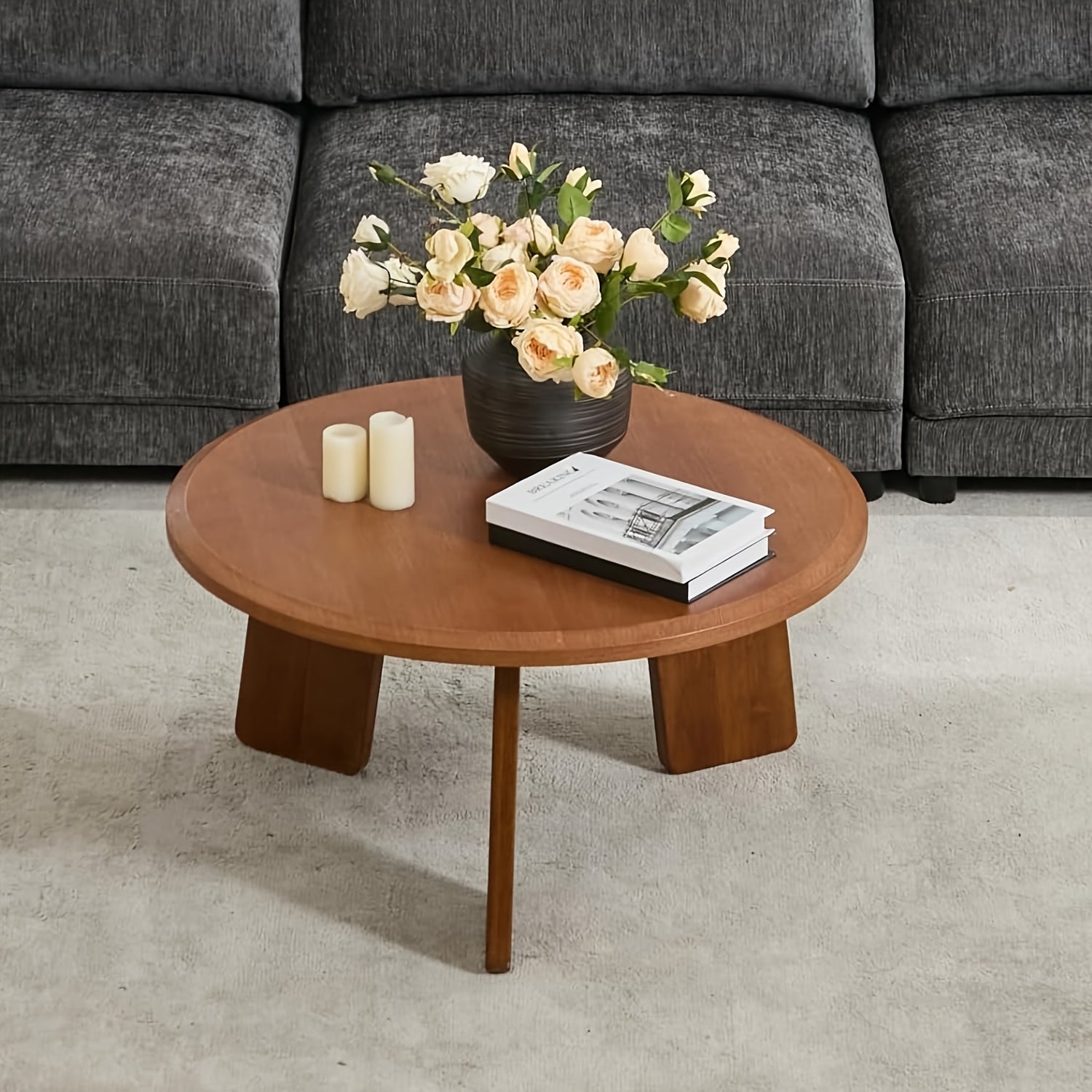 1Pc Classic Round Coffee Table, Cute Wooden Round End Table, Suitable for Living Room, Home Decoration, Balcony, 16 Inches
