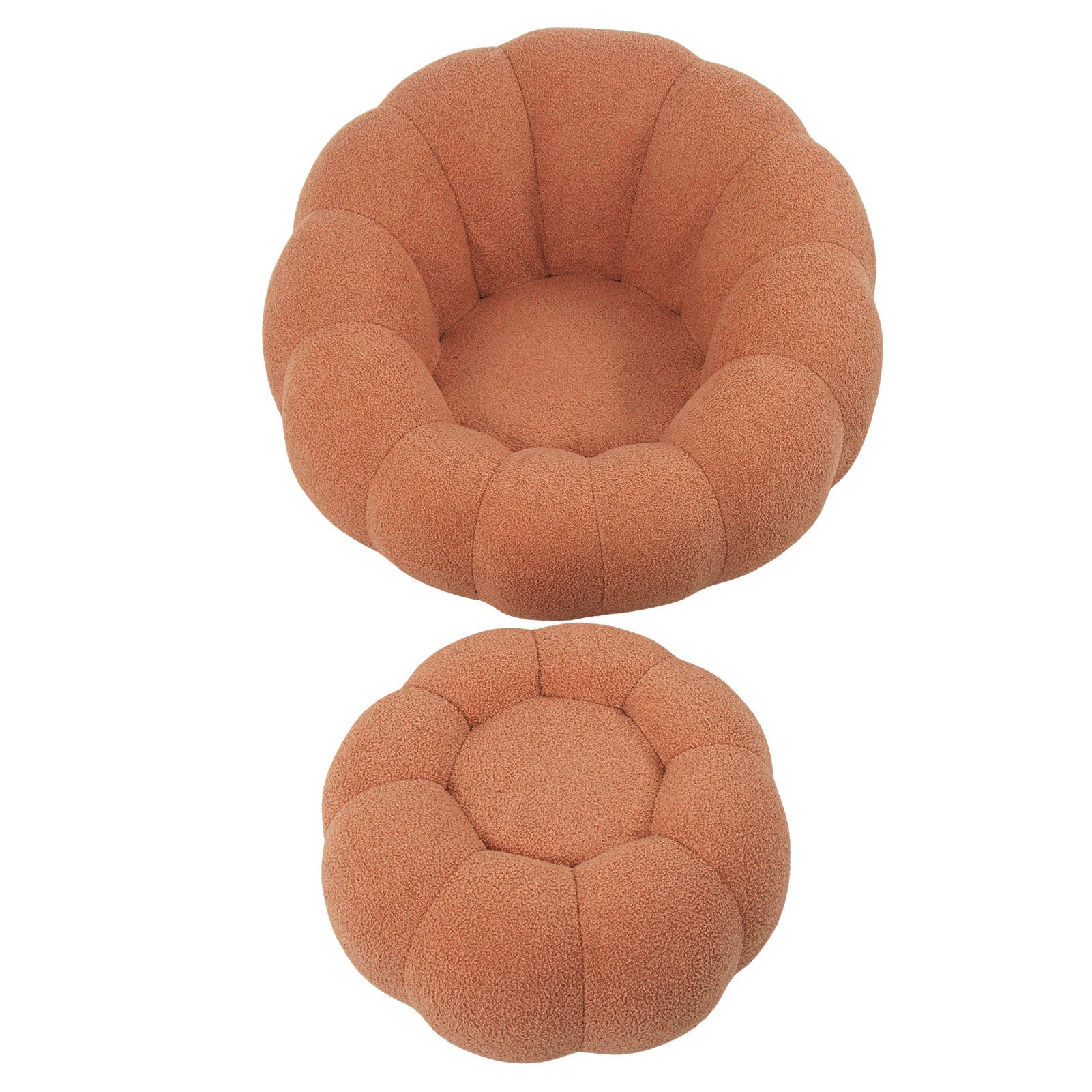 Single Sofa Chair Pumpkin Shape Round Chair Accent Reading Relaxing Modern Lounge with Footstool Brown